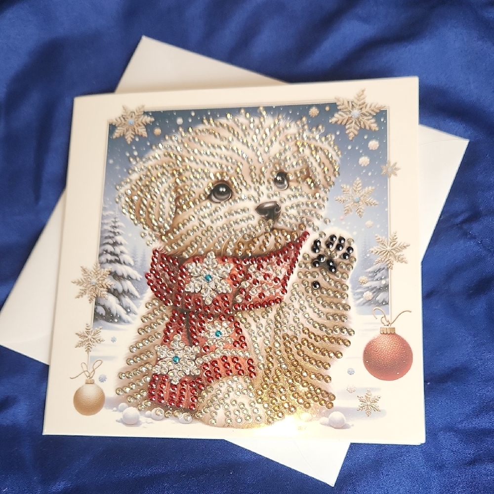 Holiday Dog Greeting Card with Red Scarf Diamond Painting Art Beaded